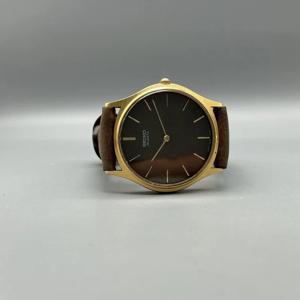 Vintage Seiko Quartz 7430-8009 Mens Watch 31mm Brown Dial Leather New Battery
